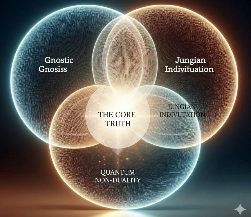 Venn diagram showing the intersection of Gnostic Gnosis, Jungian Individuation, and Quantum Non-Duality at "The Core Truth.
